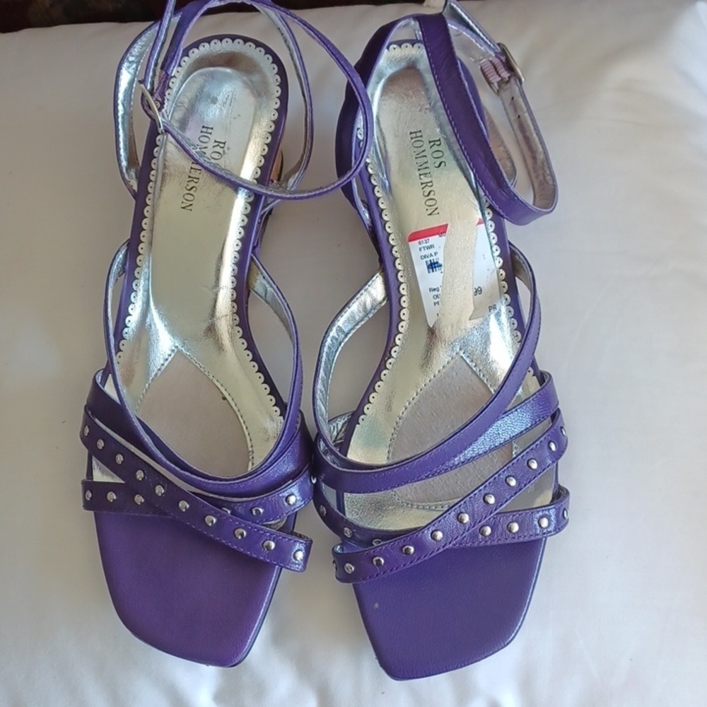 Ros Hommerson scrappy purple slingback, ankle strap sandals wedges, 7WW